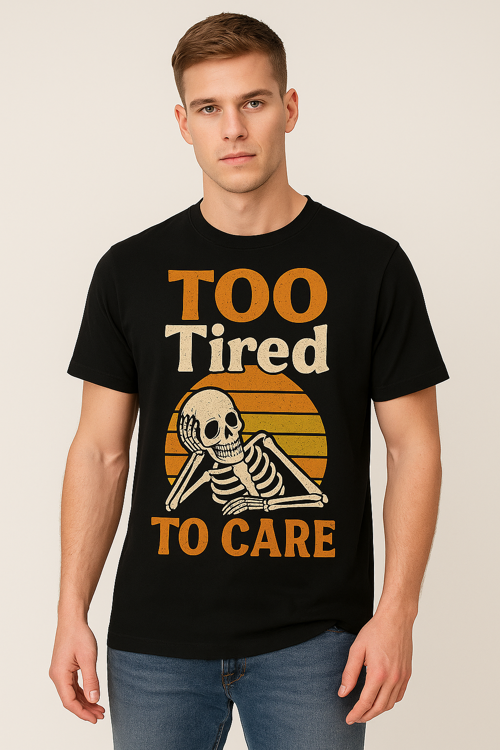 Too Tired To Care – Funny Vintage Skeleton T-Shirt