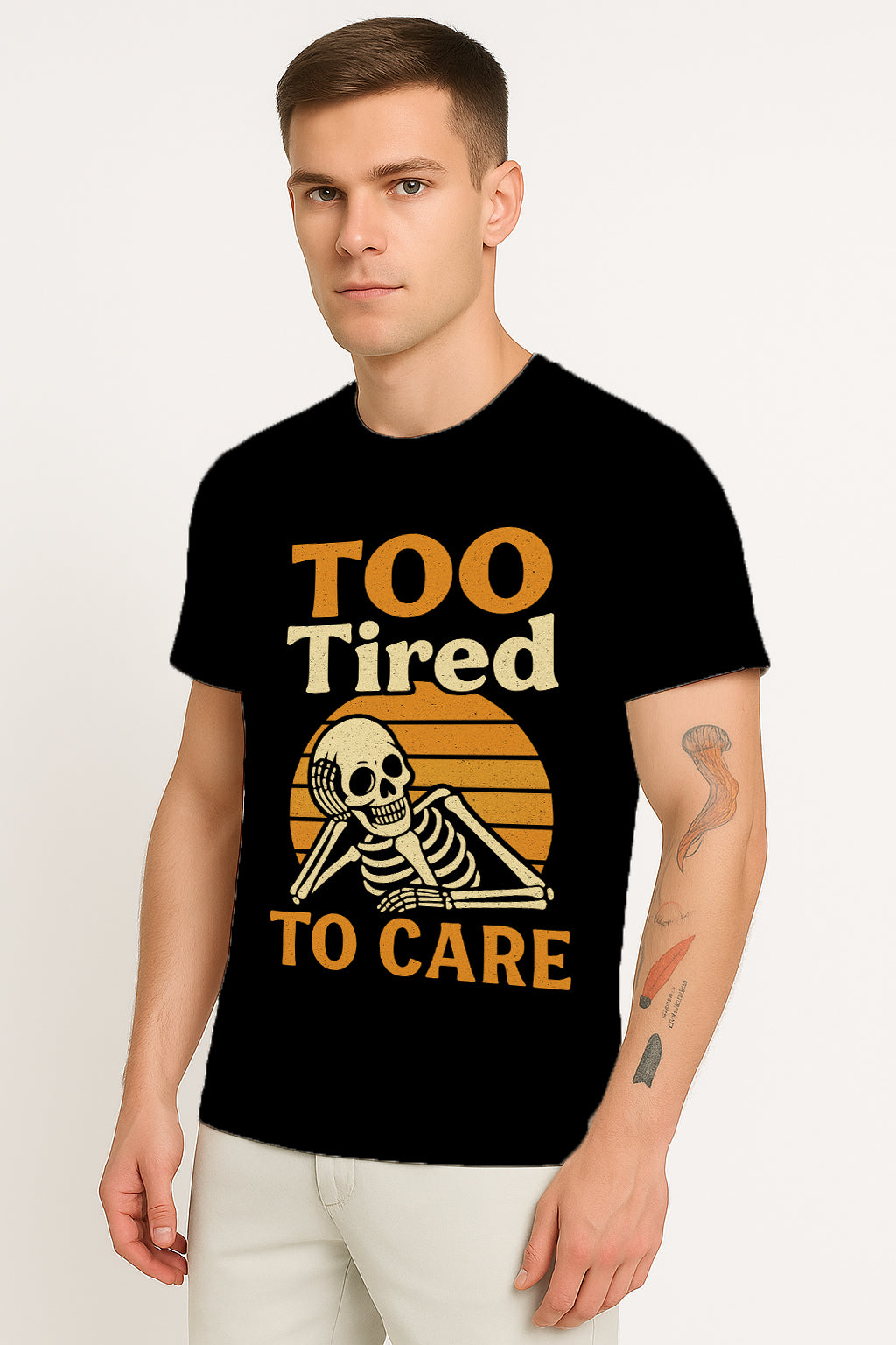 Too Tired To Care – Funny Vintage Skeleton T-Shirt