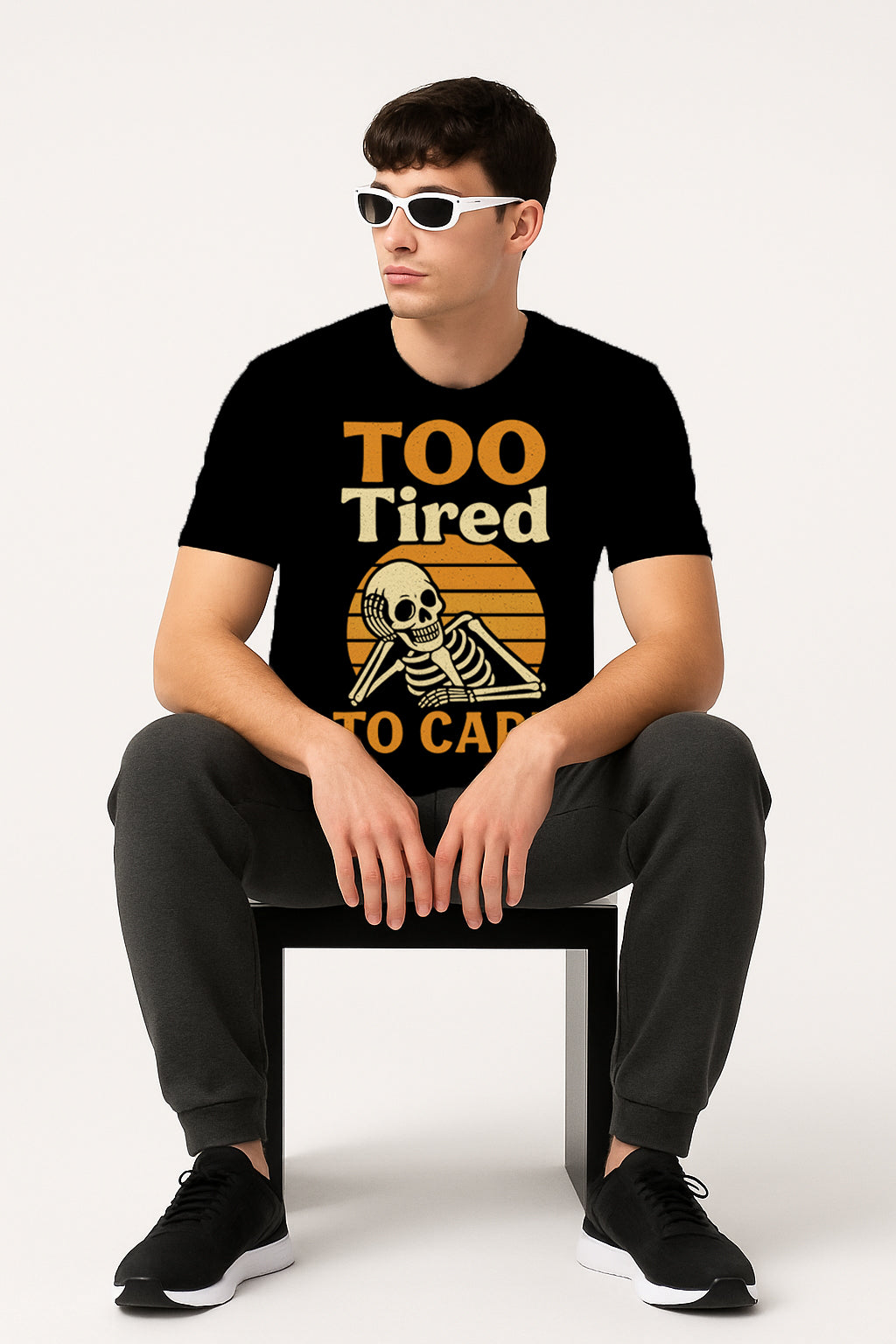 Too Tired To Care – Funny Vintage Skeleton T-Shirt