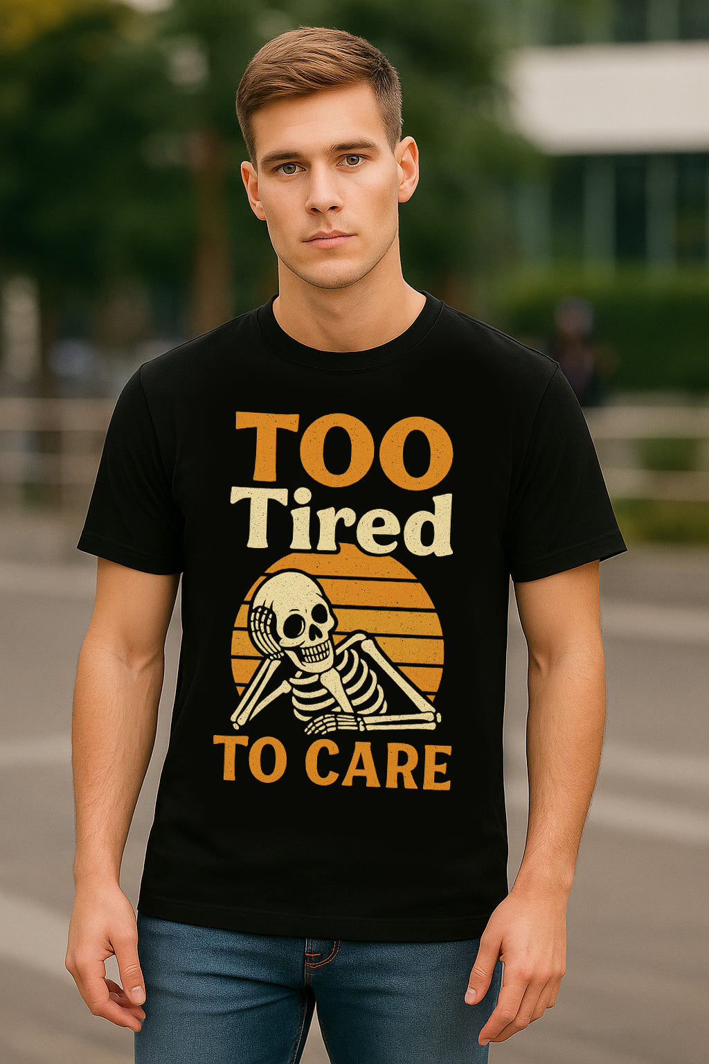 Too Tired To Care – Funny Vintage Skeleton T-Shirt